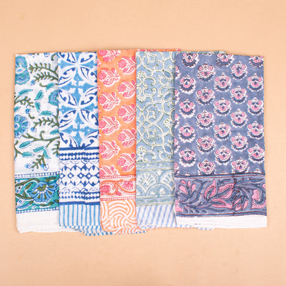 Set of 5 - Bohemian Block Printed Cotton Bandana, Lightweight Hair Or Neck Wrap, Paisley Scarf, Organic, Handmade Unisex Accessory, Eco-Friendly Gift