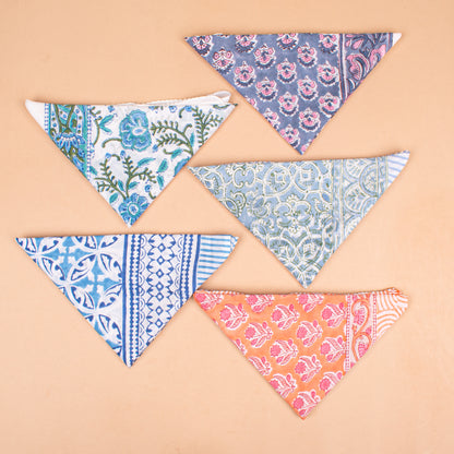 Set of 5 - Bohemian Block Printed Cotton Bandana, Lightweight Hair Or Neck Wrap, Paisley Scarf, Organic, Handmade Unisex Accessory, Eco-Friendly Gift