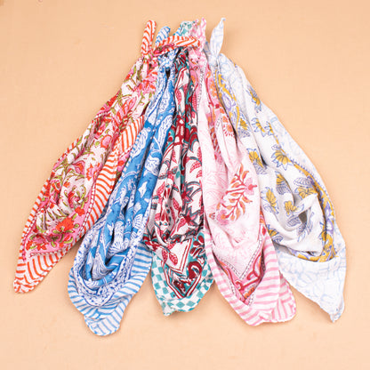 Set of 5 - Block Printed Floral Cotton Bandana, Handmade Organic Scarf, Lightweight Hair Or Neck Wrap, Boho Unisex Fashion Accessory, Unique Gift Idea
