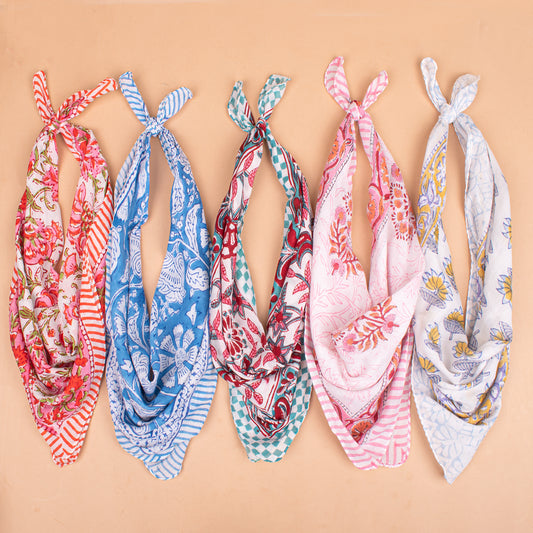 Set of 5 - Block Printed Floral Cotton Bandana, Handmade Organic Scarf, Lightweight Hair Or Neck Wrap, Boho Unisex Fashion Accessory, Unique Gift Idea
