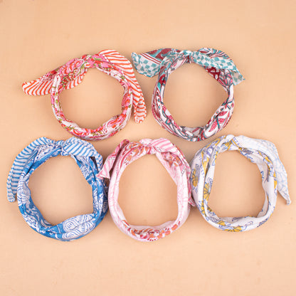 Set of 5 - Block Printed Floral Cotton Bandana, Handmade Organic Scarf, Lightweight Hair Or Neck Wrap, Boho Unisex Fashion Accessory, Unique Gift Idea