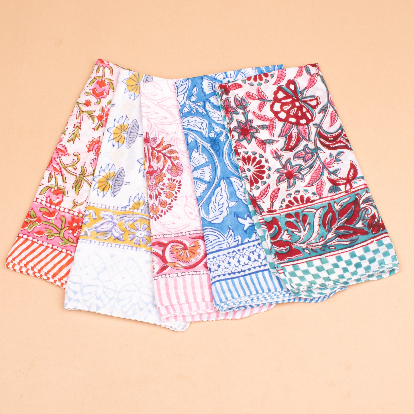 Set of 5 - Block Printed Floral Cotton Bandana, Handmade Organic Scarf, Lightweight Hair Or Neck Wrap, Boho Unisex Fashion Accessory, Unique Gift Idea