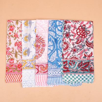 Set of 5 - Block Printed Floral Cotton Bandana, Handmade Organic Scarf, Lightweight Hair Or Neck Wrap, Boho Unisex Fashion Accessory, Unique Gift Idea