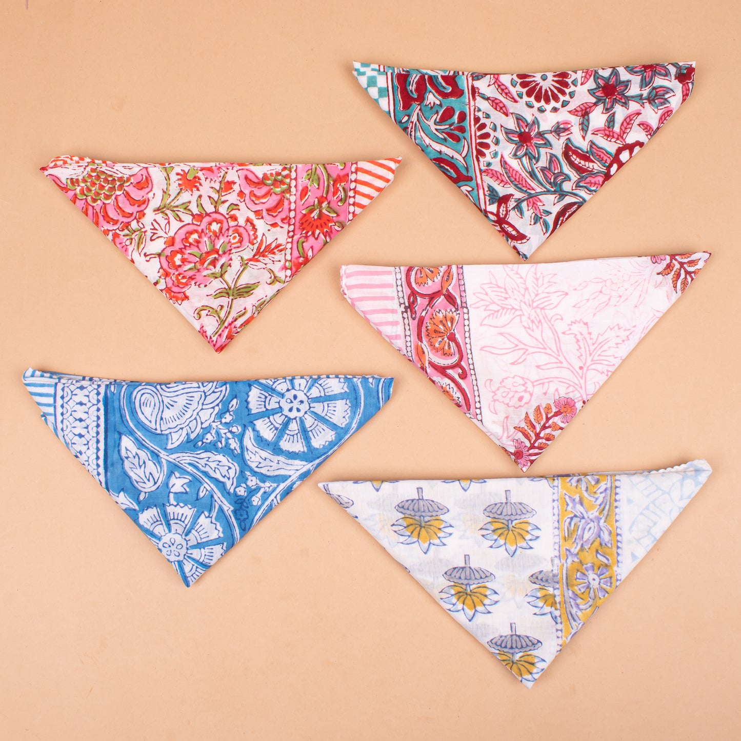 Set of 5 - Block Printed Floral Cotton Bandana, Handmade Organic Scarf, Lightweight Hair Or Neck Wrap, Boho Unisex Fashion Accessory, Unique Gift Idea