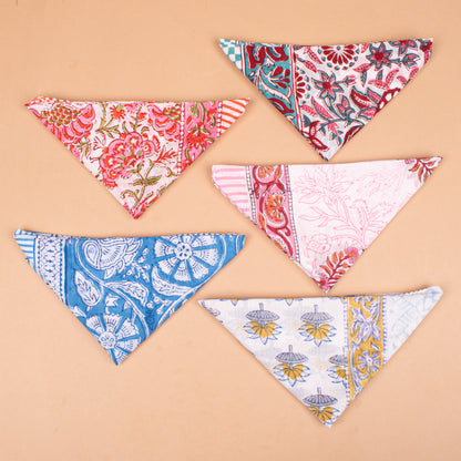 Set of 5 - Block Printed Floral Cotton Bandana, Handmade Organic Scarf, Lightweight Hair Or Neck Wrap, Boho Unisex Fashion Accessory, Unique Gift Idea