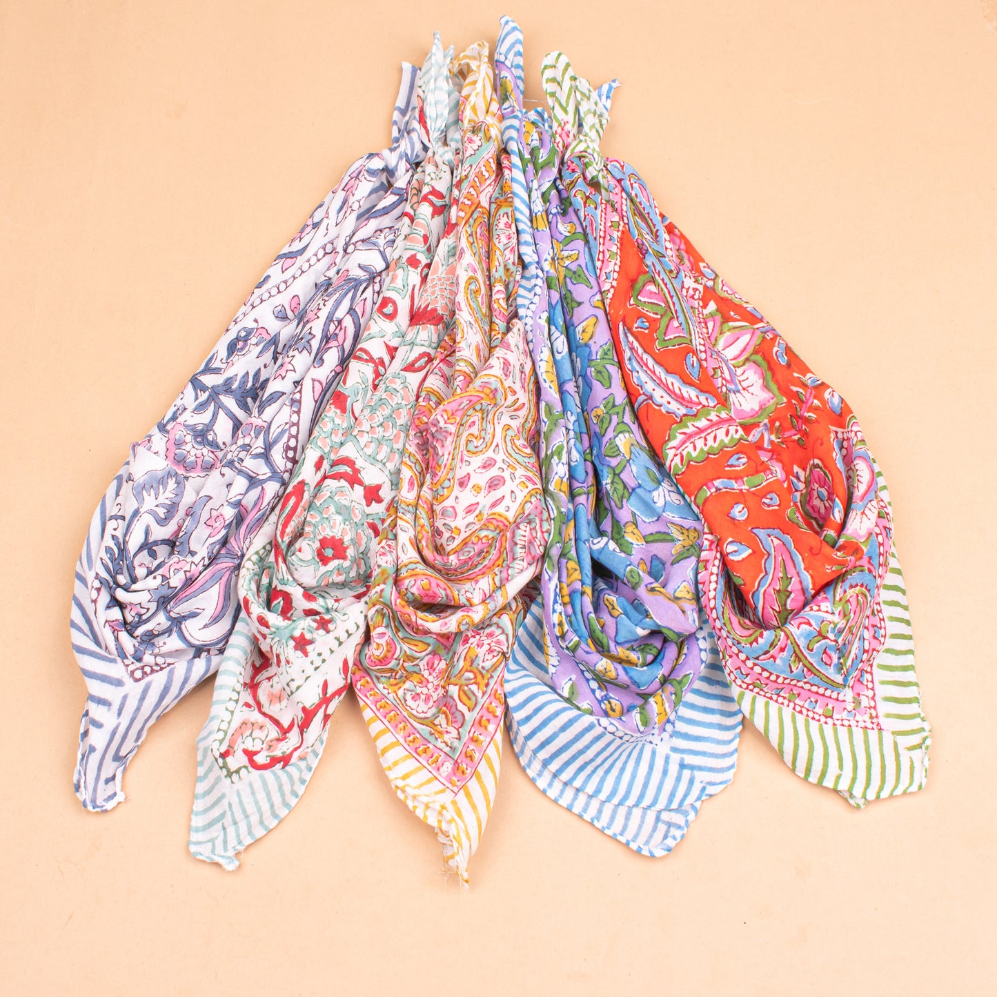 Set of 5 - Organic Lightweight Neck Or Hair Wrap, Handmade Block Print Cotton Bandana, Paisley Scarf, Boho Sustainable Accessory, Unisex Gift For All