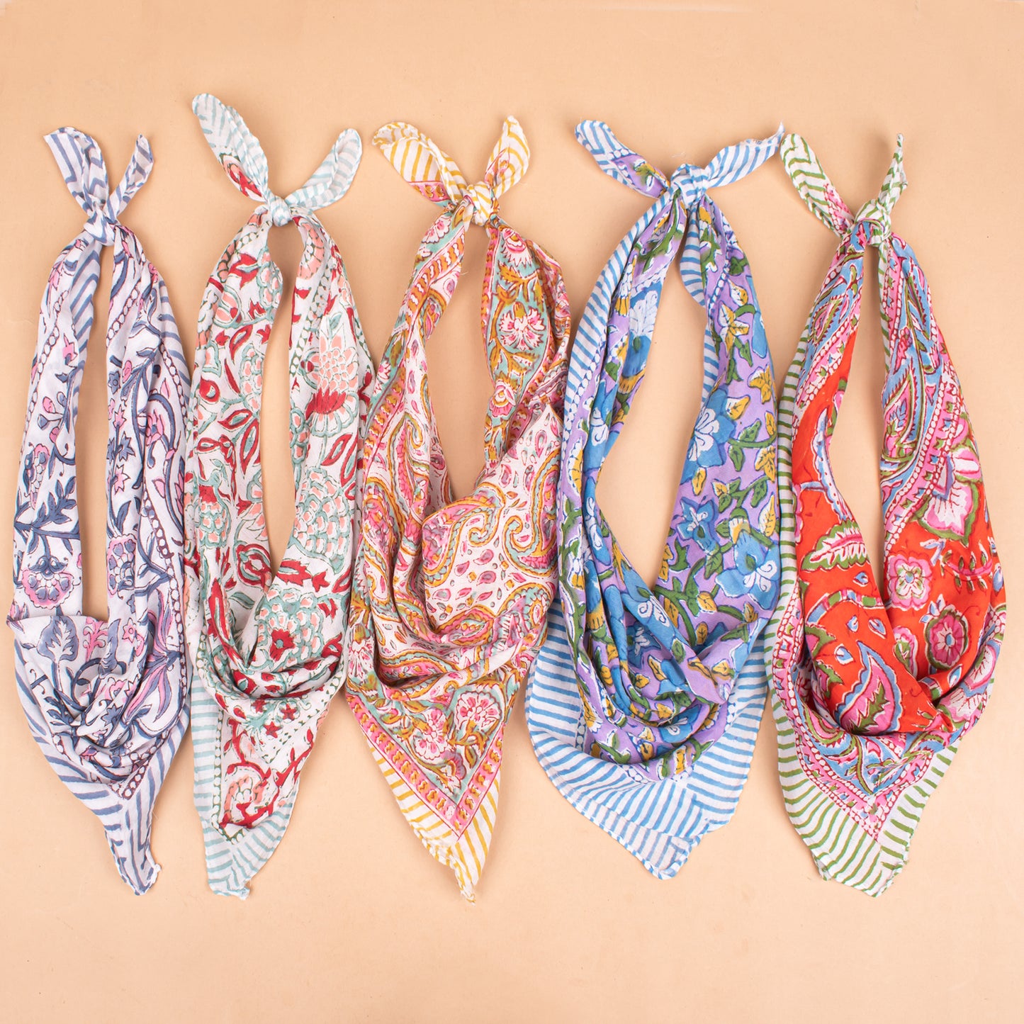 Set of 5 - Organic Lightweight Neck Or Hair Wrap, Handmade Block Print Cotton Bandana, Paisley Scarf, Boho Sustainable Accessory, Unisex Gift For All