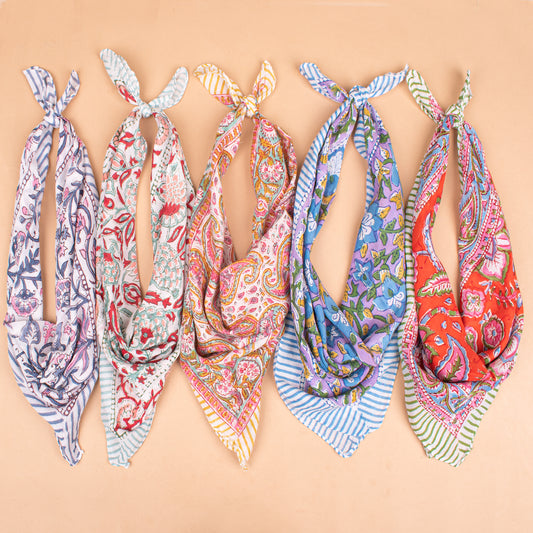 Set of 5 - Organic Lightweight Neck Or Hair Wrap, Handmade Block Print Cotton Bandana, Paisley Scarf, Boho Sustainable Accessory, Unisex Gift For All