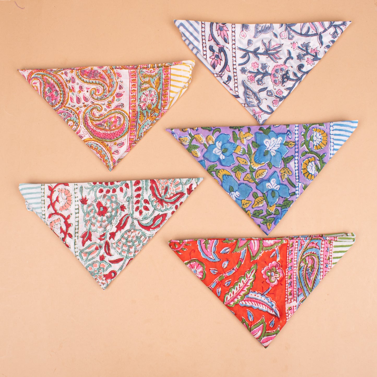 Set of 5 - Organic Lightweight Neck Or Hair Wrap, Handmade Block Print Cotton Bandana, Paisley Scarf, Boho Sustainable Accessory, Unisex Gift For All