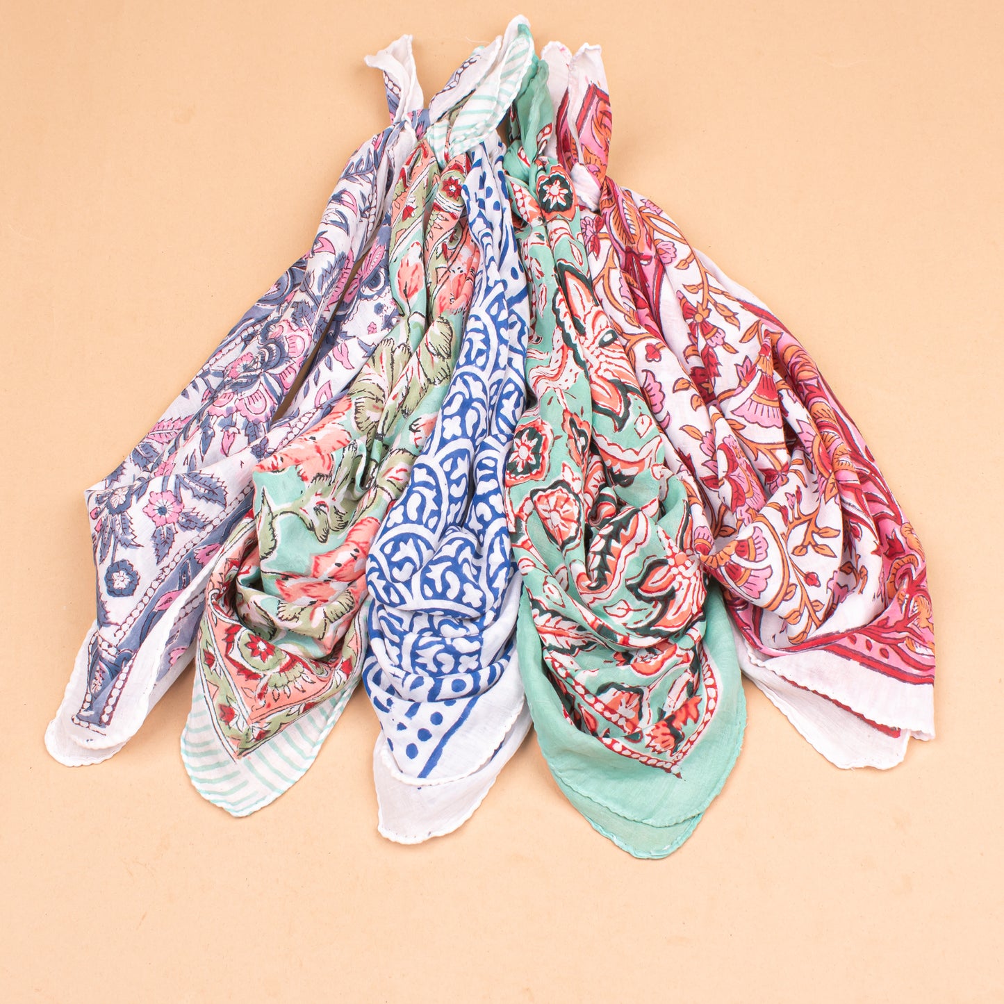 Set of 5 - Boho Paisley Cotton Bandana, Hand Block Printed Scarf, Organic Hair Or Neck Wrap, Lightweight Unisex Accessory, Sustainable Fashion Gift