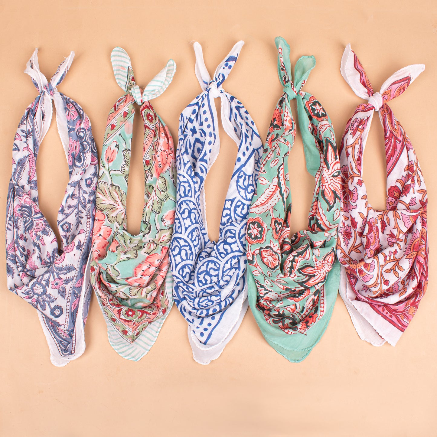 Set of 5 - Boho Paisley Cotton Bandana, Hand Block Printed Scarf, Organic Hair Or Neck Wrap, Lightweight Unisex Accessory, Sustainable Fashion Gift