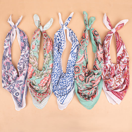 Set of 5 - Boho Paisley Cotton Bandana, Hand Block Printed Scarf, Organic Hair Or Neck Wrap, Lightweight Unisex Accessory, Sustainable Fashion Gift