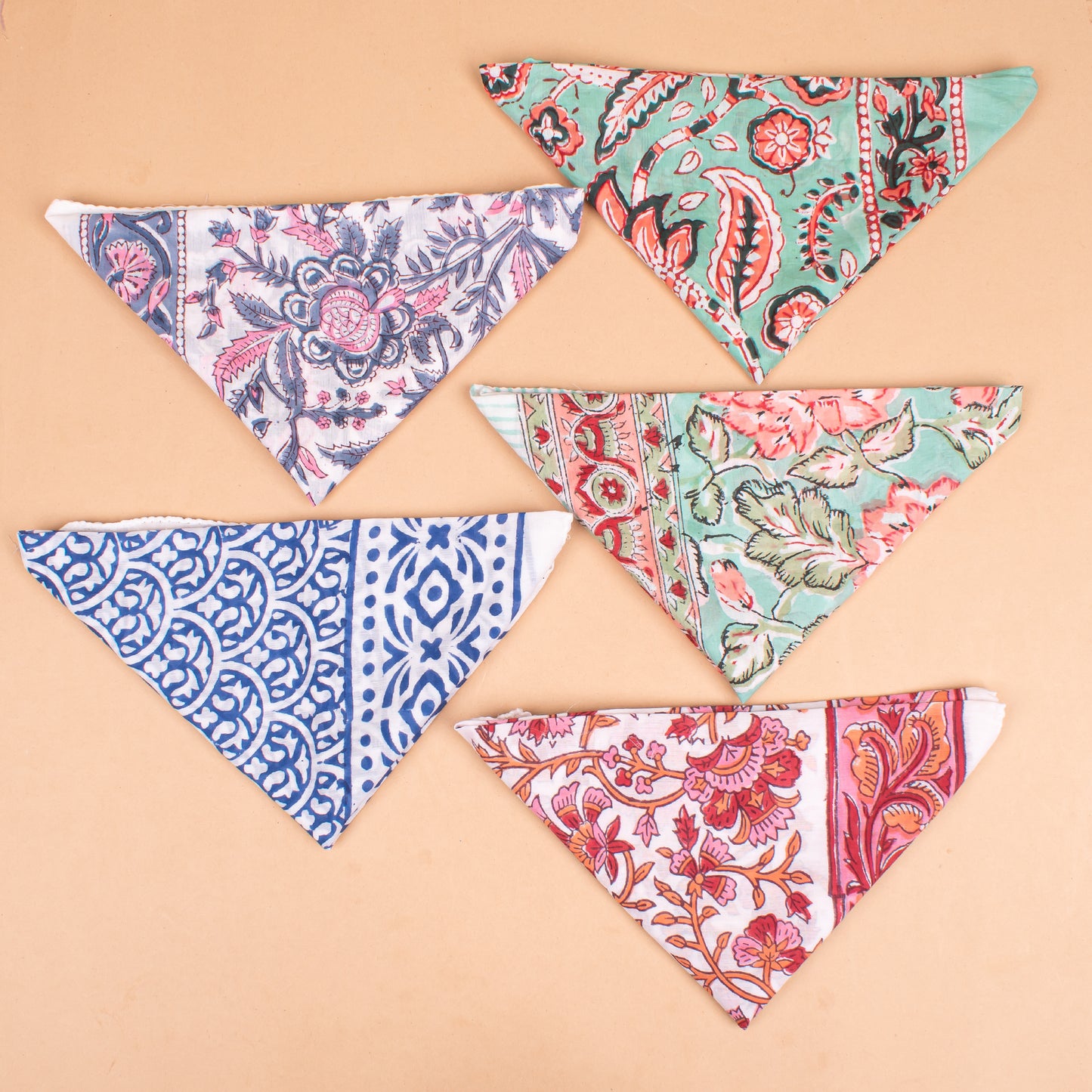 Set of 5 - Boho Paisley Cotton Bandana, Hand Block Printed Scarf, Organic Hair Or Neck Wrap, Lightweight Unisex Accessory, Sustainable Fashion Gift