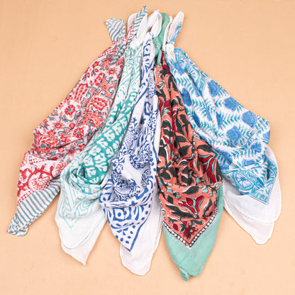 Set of 5 - Block Printed Cotton Bandana, Floral Paisley Scarf, Handmade Wrap For Hair, Neck, Boho Unisex Fashion Accessory, Gift For All