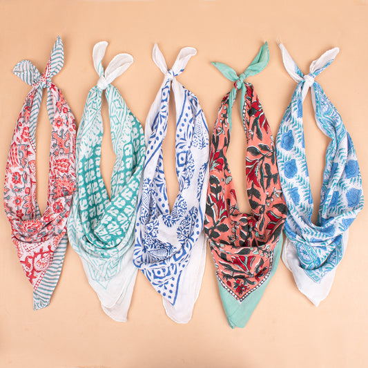 Set of 5 - Block Printed Cotton Bandana, Floral Paisley Scarf, Handmade Wrap For Hair, Neck, Boho Unisex Fashion Accessory, Gift For All