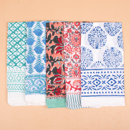 Set of 5 - Block Printed Cotton Bandana, Floral Paisley Scarf, Handmade Wrap For Hair, Neck, Boho Unisex Fashion Accessory, Gift For All