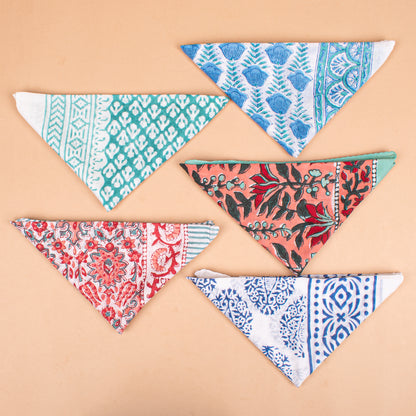 Set of 5 - Block Printed Cotton Bandana, Floral Paisley Scarf, Handmade Wrap For Hair, Neck, Boho Unisex Fashion Accessory, Gift For All