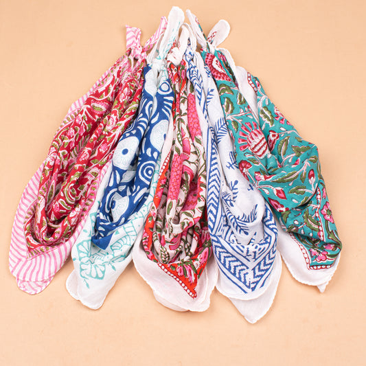Set of 5 - Handmade Floral Cotton Bandana, Block Printed Paisley Scarf, Organic Lightweight Hair Or Neck Wrap, Bohemian Unisex Accessory, Eco Gift