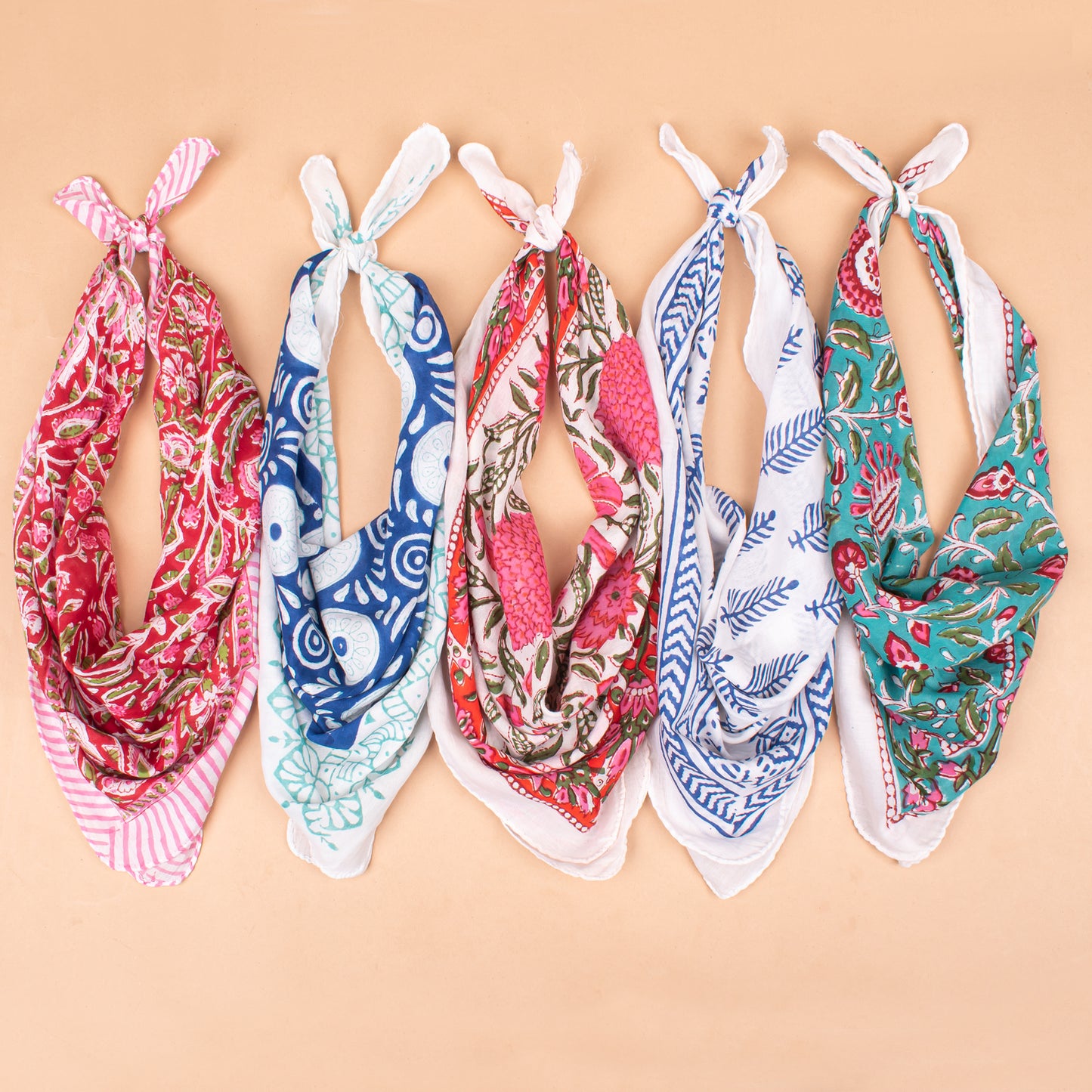 Set of 5 - Handmade Floral Cotton Bandana, Block Printed Paisley Scarf, Organic Lightweight Hair Or Neck Wrap, Bohemian Unisex Accessory, Eco Gift