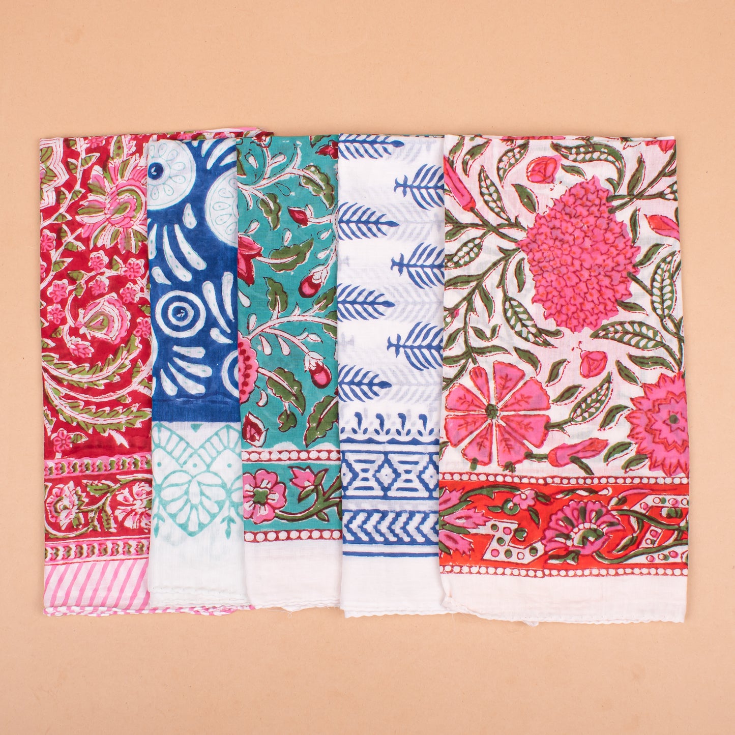 Set of 5 - Handmade Floral Cotton Bandana, Block Printed Paisley Scarf, Organic Lightweight Hair Or Neck Wrap, Bohemian Unisex Accessory, Eco Gift