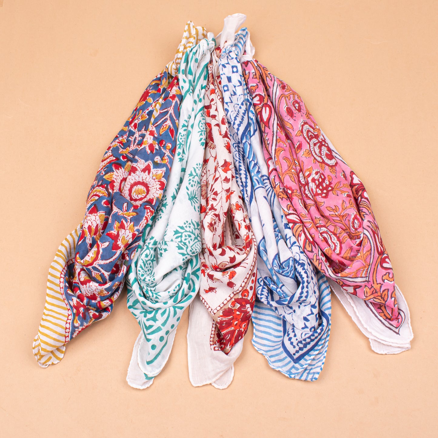 Set of 5 - Hand Block Printed Organic Cotton Bandana, Boho Paisley Scarf, Perfect For Hair, Neck Or Face, Sustainable Unisex Fashion Accessory