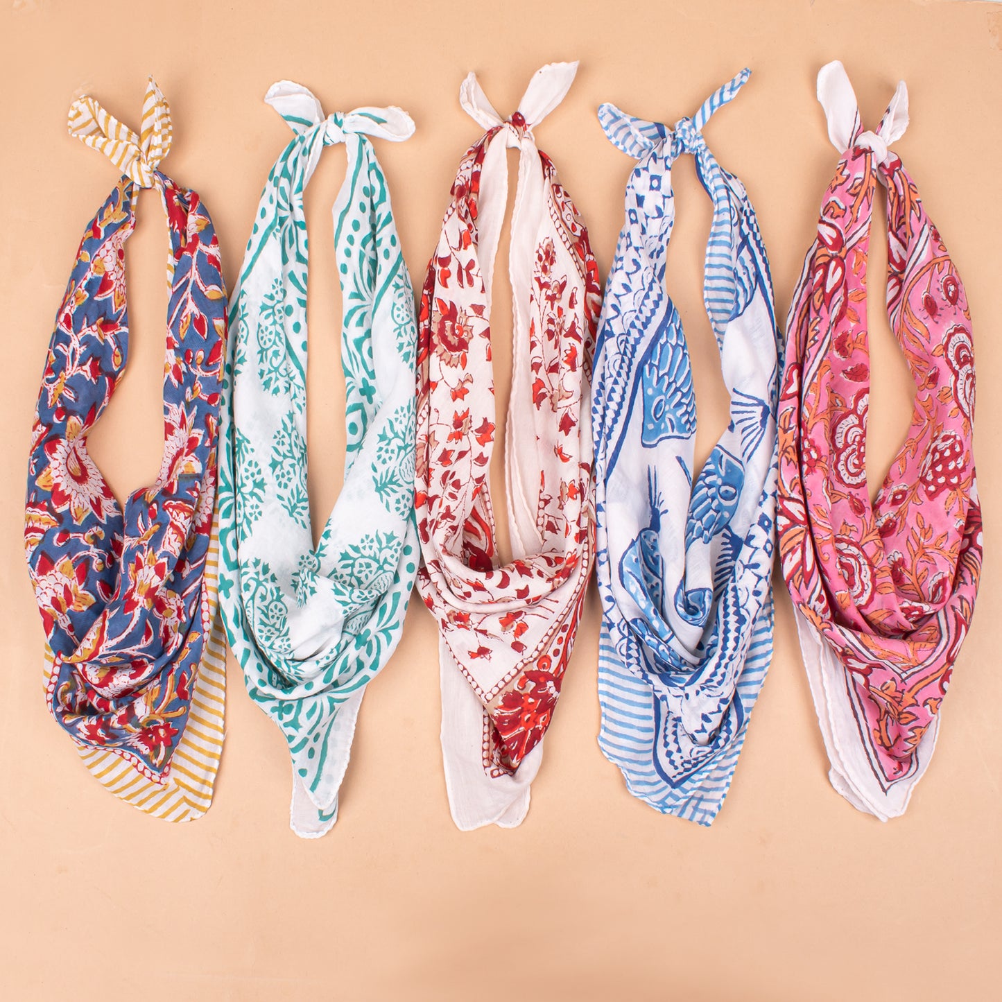 Set of 5 - Hand Block Printed Organic Cotton Bandana, Boho Paisley Scarf, Perfect For Hair, Neck Or Face, Sustainable Unisex Fashion Accessory