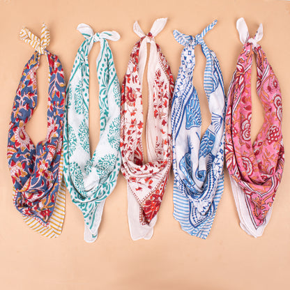 Set of 5 - Hand Block Printed Organic Cotton Bandana, Boho Paisley Scarf, Perfect For Hair, Neck Or Face, Sustainable Unisex Fashion Accessory