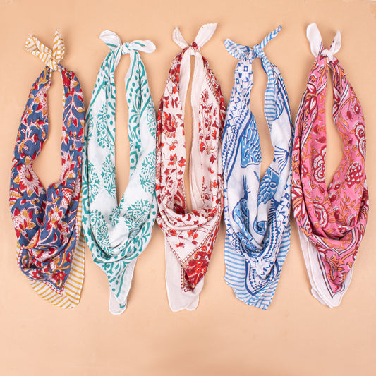 Set of 5 - Hand Block Printed Organic Cotton Bandana, Boho Paisley Scarf, Perfect For Hair, Neck Or Face, Sustainable Unisex Fashion Accessory