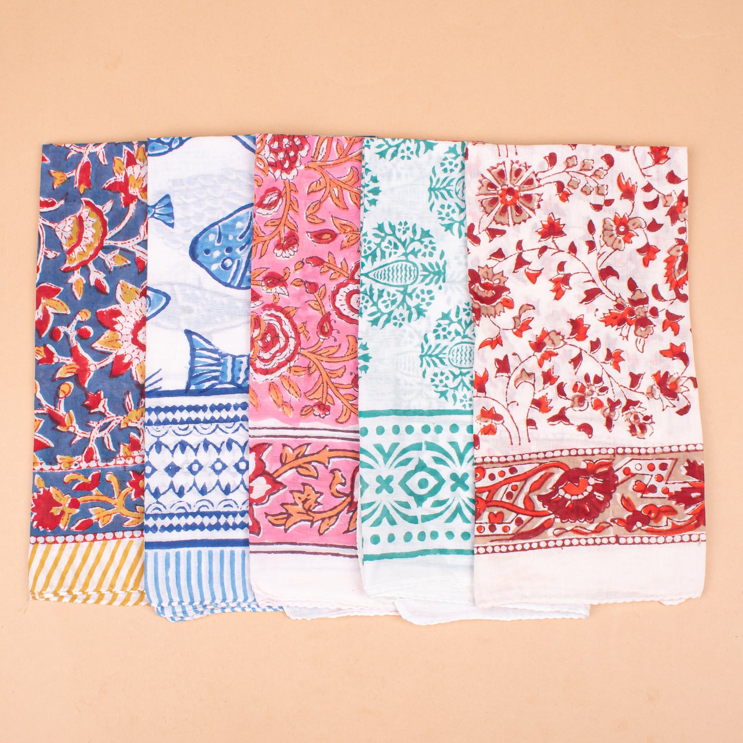Set of 5 - Hand Block Printed Organic Cotton Bandana, Boho Paisley Scarf, Perfect For Hair, Neck Or Face, Sustainable Unisex Fashion Accessory