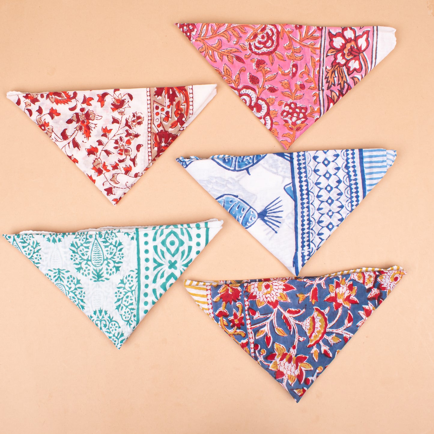 Set of 5 - Hand Block Printed Organic Cotton Bandana, Boho Paisley Scarf, Perfect For Hair, Neck Or Face, Sustainable Unisex Fashion Accessory