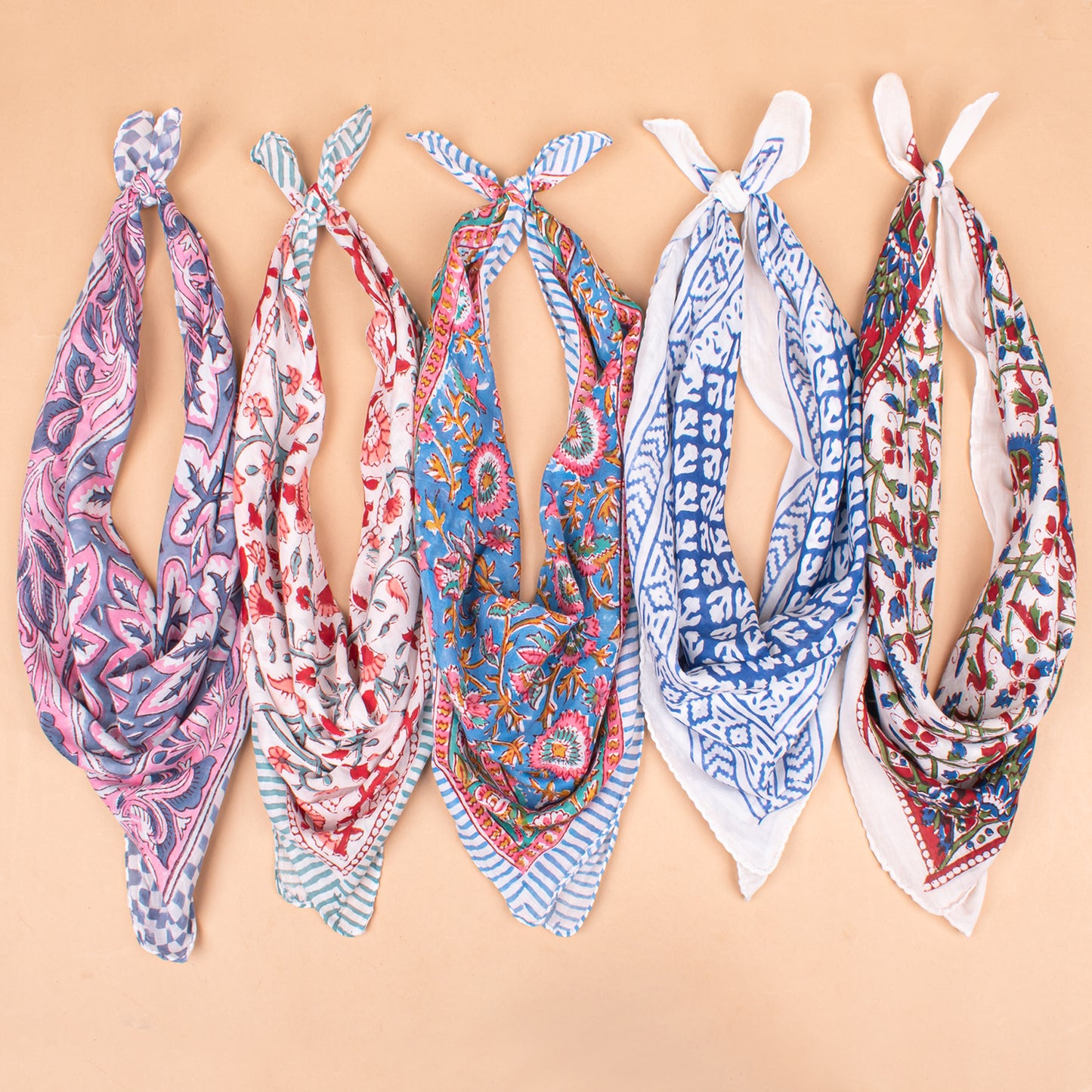 Set of 5 - Handmade Block Print Cotton Bandana, Boho Paisley Design Scarf, Organic Lightweight Neck Or Hair Wrap, Sustainable Unisex Fashion Gift