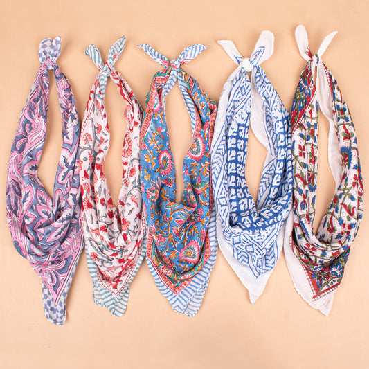Set of 5 - Handmade Block Print Cotton Bandana, Boho Paisley Design Scarf, Organic Lightweight Neck Or Hair Wrap, Sustainable Unisex Fashion Gift