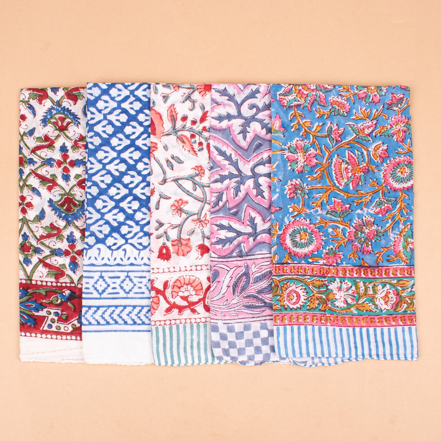 Set of 5 - Handmade Block Print Cotton Bandana, Boho Paisley Design Scarf, Organic Lightweight Neck Or Hair Wrap, Sustainable Unisex Fashion Gift