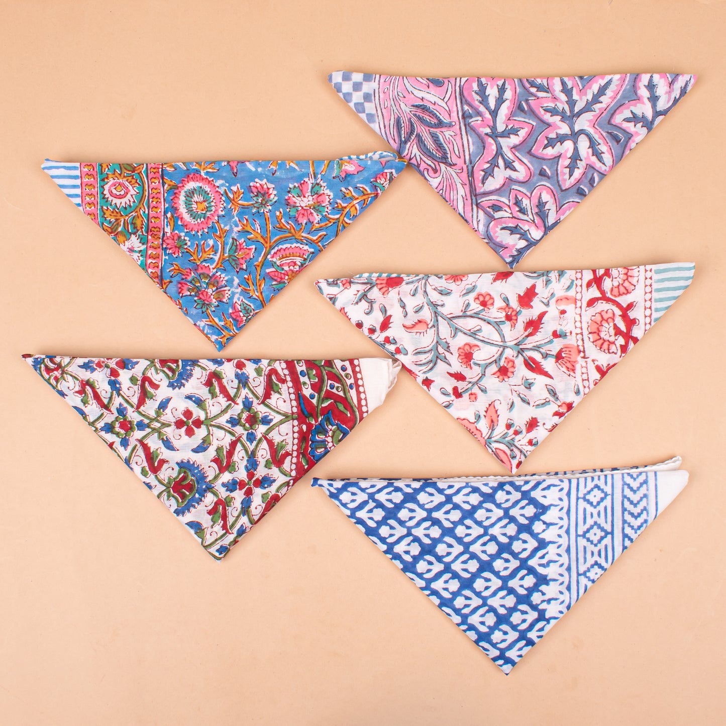 Set of 5 - Handmade Block Print Cotton Bandana, Boho Paisley Design Scarf, Organic Lightweight Neck Or Hair Wrap, Sustainable Unisex Fashion Gift