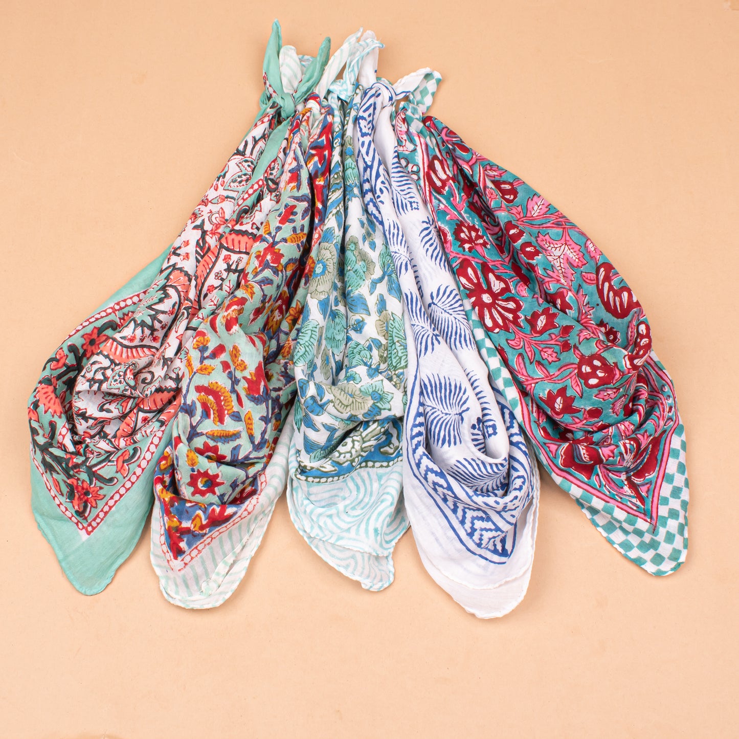 Set of 5 - Organic Cotton Block Printed Bandana, Paisley Boho Scarf, Handmade Lightweight Hair Or Neck Wrap, Unisex Fashion Accessory, Eco Gift