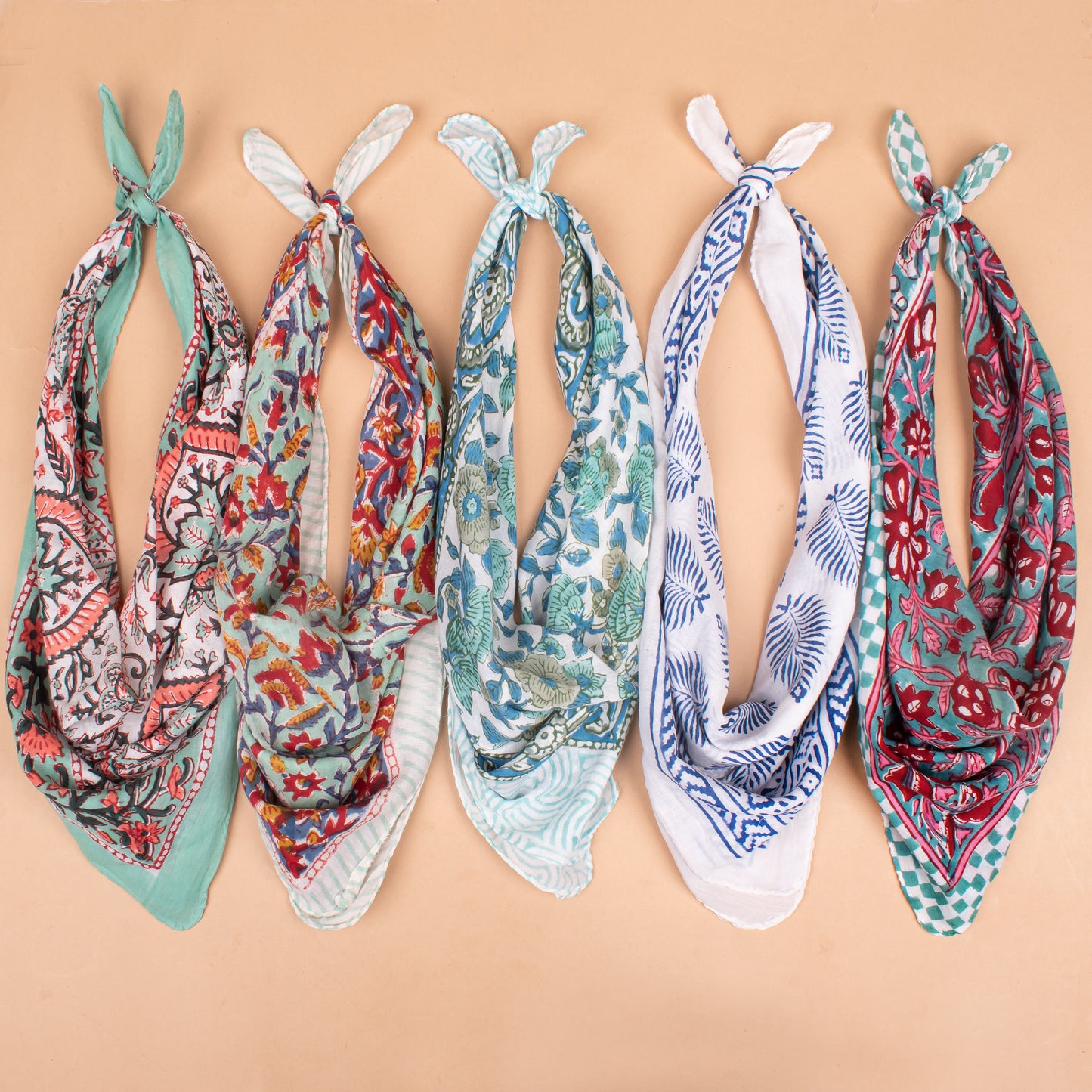 Set of 5 - Organic Cotton Block Printed Bandana, Paisley Boho Scarf, Handmade Lightweight Hair Or Neck Wrap, Unisex Fashion Accessory, Eco Gift