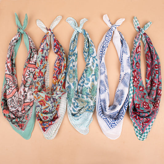 Set of 5 - Organic Cotton Block Printed Bandana, Paisley Boho Scarf, Handmade Lightweight Hair Or Neck Wrap, Unisex Fashion Accessory, Eco Gift