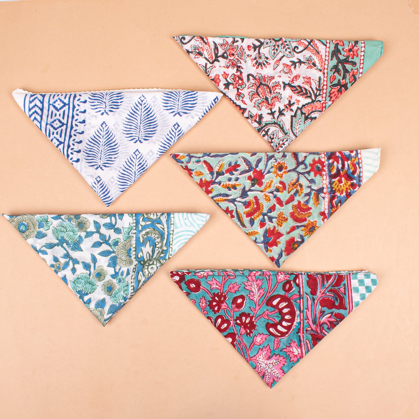 Set of 5 - Organic Cotton Block Printed Bandana, Paisley Boho Scarf, Handmade Lightweight Hair Or Neck Wrap, Unisex Fashion Accessory, Eco Gift