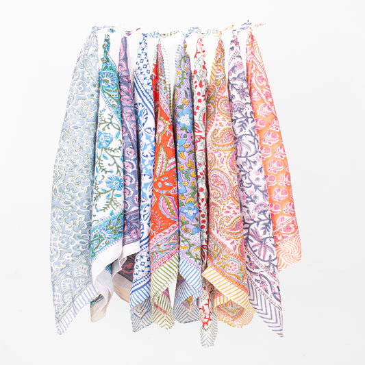 Set of 10 - Lightweight Organic Bandana, Boho Floral Print Scarf, Paisley Bohemian Neck Or Hair Wrap, Block Printed Sustainable Fashion Gift