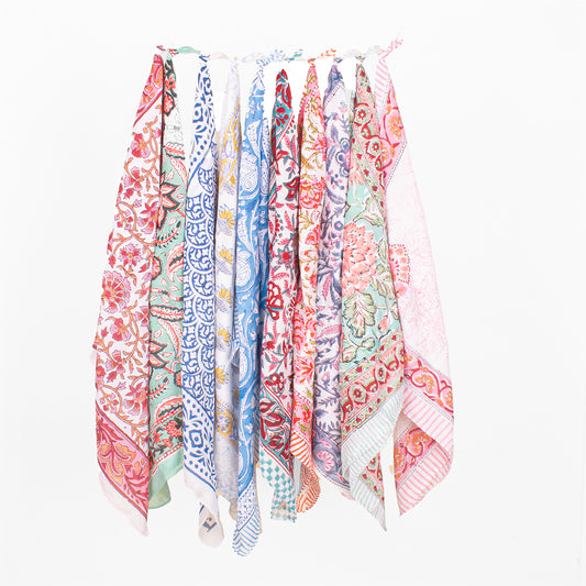 Set of 10 - Block Printed Cotton Bandana, Handmade Organic Paisley Scarf, Eco-Friendly Hair Or Neck Wrap, Bohemian Unisex Accessory, Eco-Friendly
