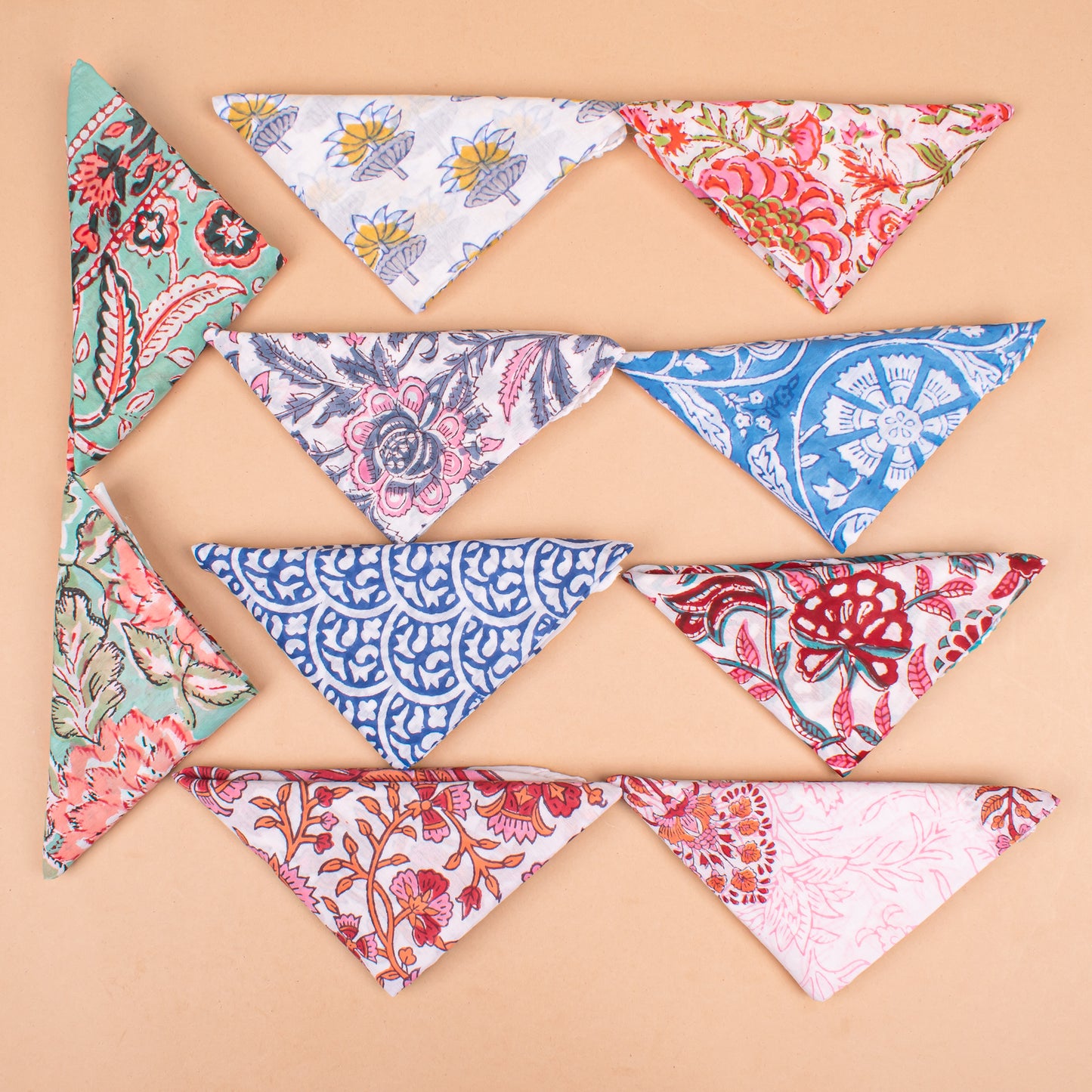 Set of 10 - Block Printed Cotton Bandana, Handmade Organic Paisley Scarf, Eco-Friendly Hair Or Neck Wrap, Bohemian Unisex Accessory, Eco-Friendly