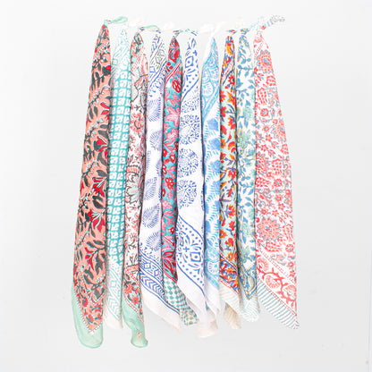 Set of 10 - Boho Block Print Cotton Bandana, Handmade Paisley Scarf, Natural Organic Cotton Bandana, Sustainable Unisex Fashion Accessory To All