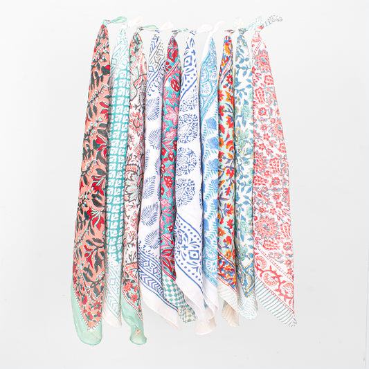Set of 10 - Boho Block Print Cotton Bandana, Handmade Paisley Scarf, Natural Organic Cotton Bandana, Sustainable Unisex Fashion Accessory To All