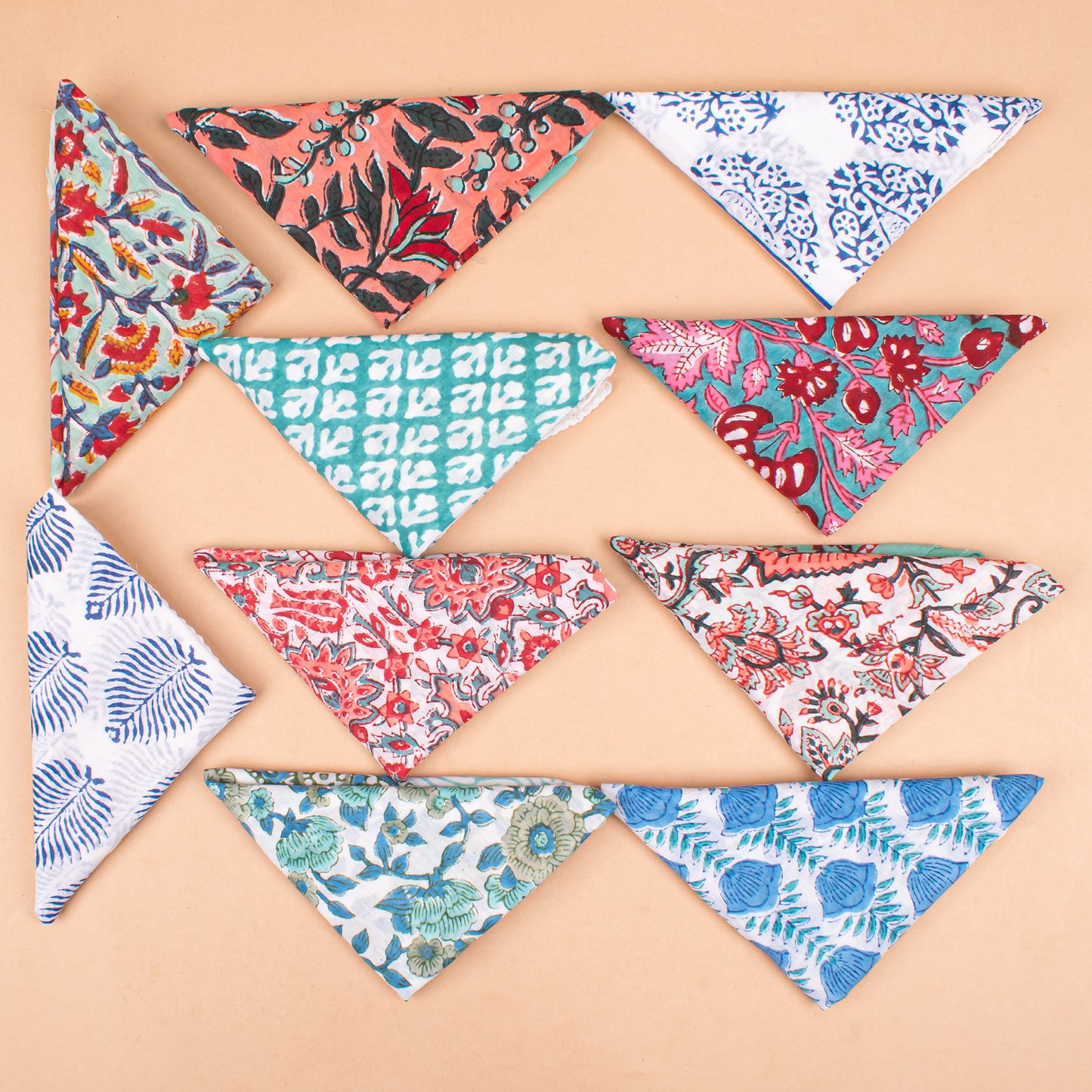 Set of 10 - Boho Block Print Cotton Bandana, Handmade Paisley Scarf, Natural Organic Cotton Bandana, Sustainable Unisex Fashion Accessory To All