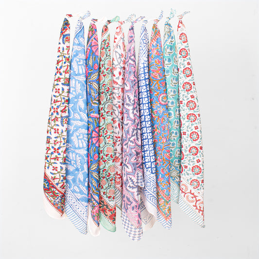 Set of 10 - Handcrafted Organic Cotton Bandana, Block Printed Paisley Scarf, Reusable Hair Or Neck Wrap, Bohemian Unisex Accessory, Gift For All