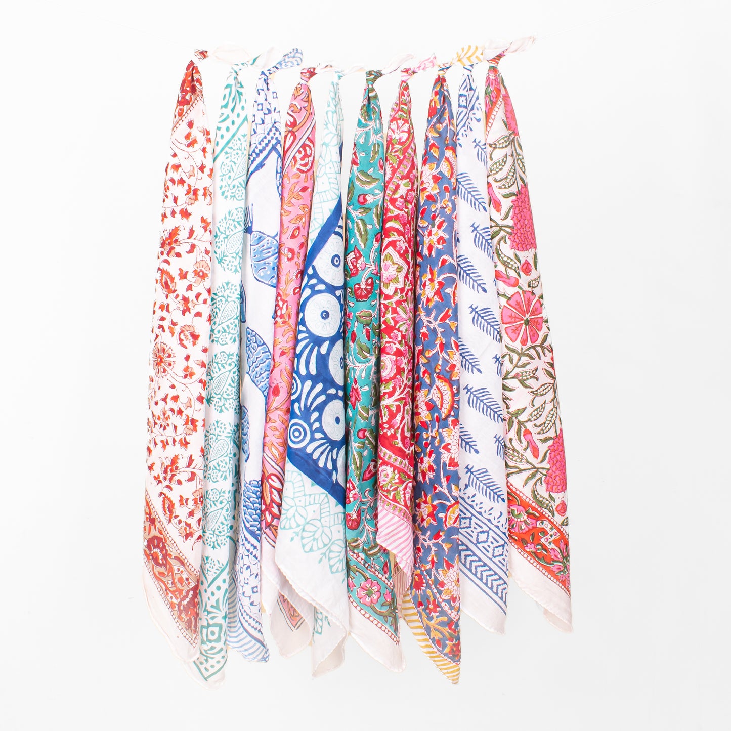 Set of 10 - Vibrant Handmade Cotton Bandana, Paisley Block Printed Scarf, Organic Block Print Neck Or Hair Wrap, Unisex Sustainable Fashion Gift