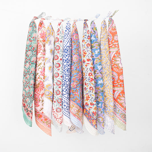 Set of 10 - Handmade Organic Cotton Bandana, Artistic Block Print Scarf, Lightweight Hair Or Neck Wrap, Bohemian Unisex Accessory, Eco-Conscious Fashion Gift