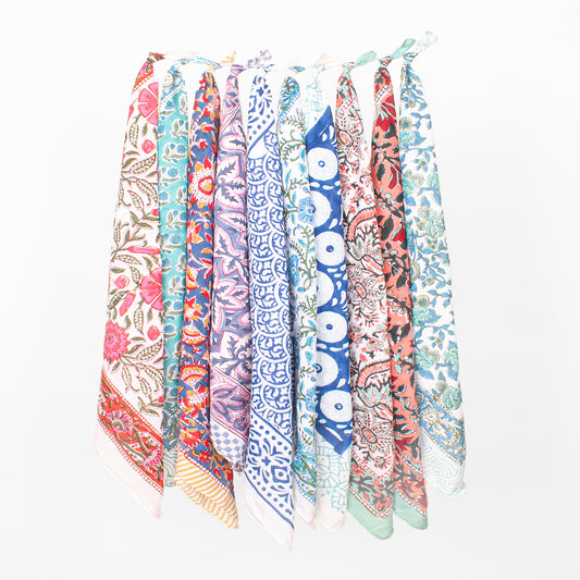 Set of 10 - Handcrafted Cotton Bandana, Traditional Block Printed Boho Scarf, Lightweight Organic Hair Or Neck Wrap, Unisex Fashion Gift, Eco-Friendly Accessory