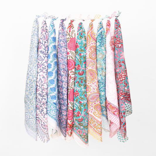 Set of 10 - Floral Paisley Cotton Bandana, Organic Block Print Scarf, Handmade Lightweight Hair Or Neck Wrap, Bohemian Unisex Style, Fashion Gift For All