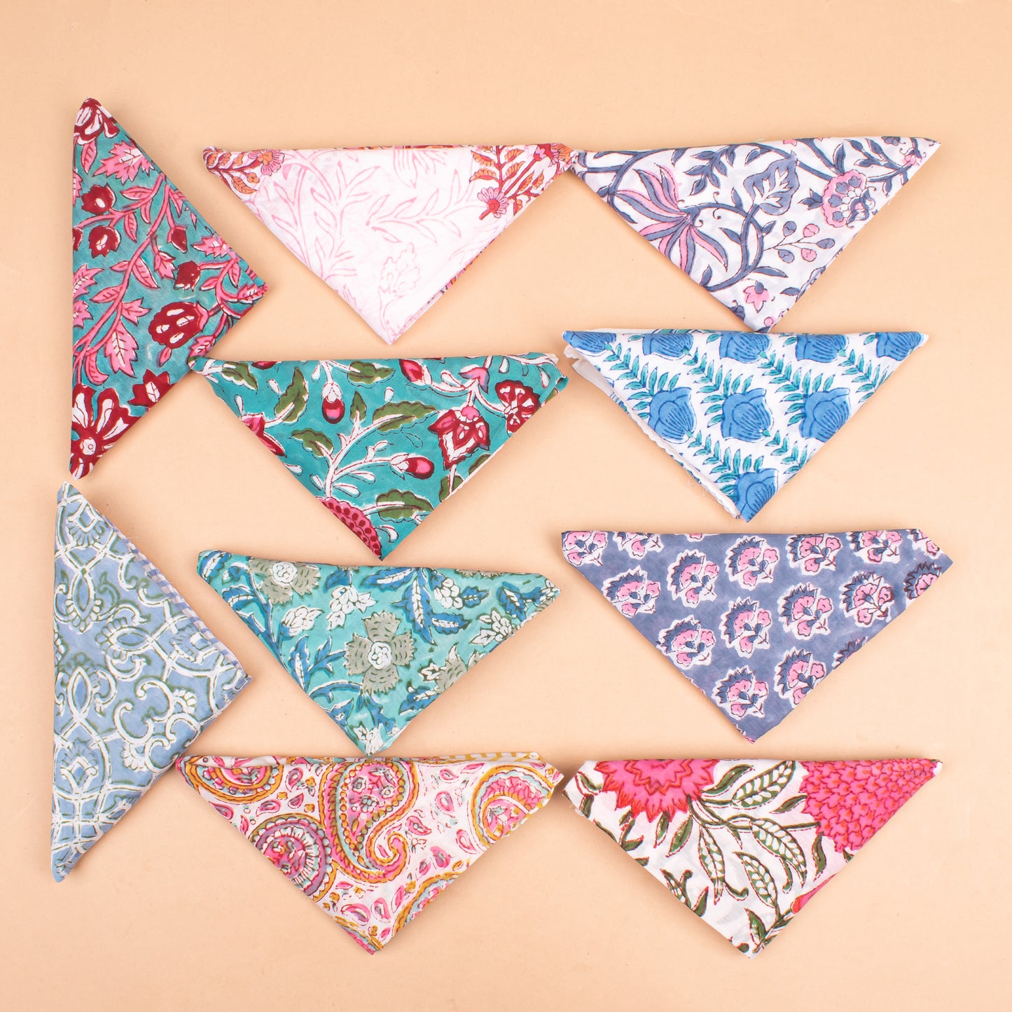 Set of 10 - Floral Paisley Cotton Bandana, Organic Block Print Scarf, Handmade Lightweight Hair Or Neck Wrap, Bohemian Unisex Style, Fashion Gift For All